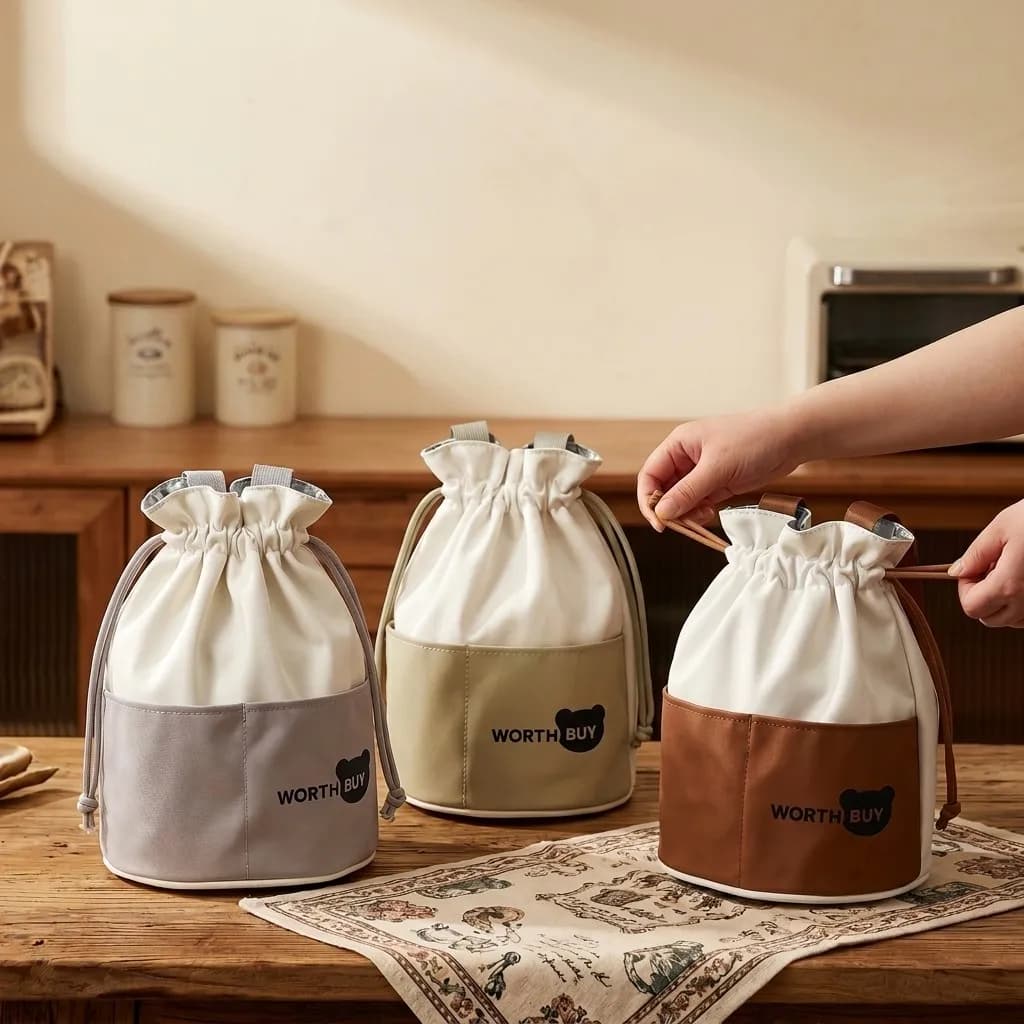 Portable Thermal Lunch Bag Drawstring Insulated Bag Cooler Bag Foldable Snack Food Container Tote for Women Kids School Work