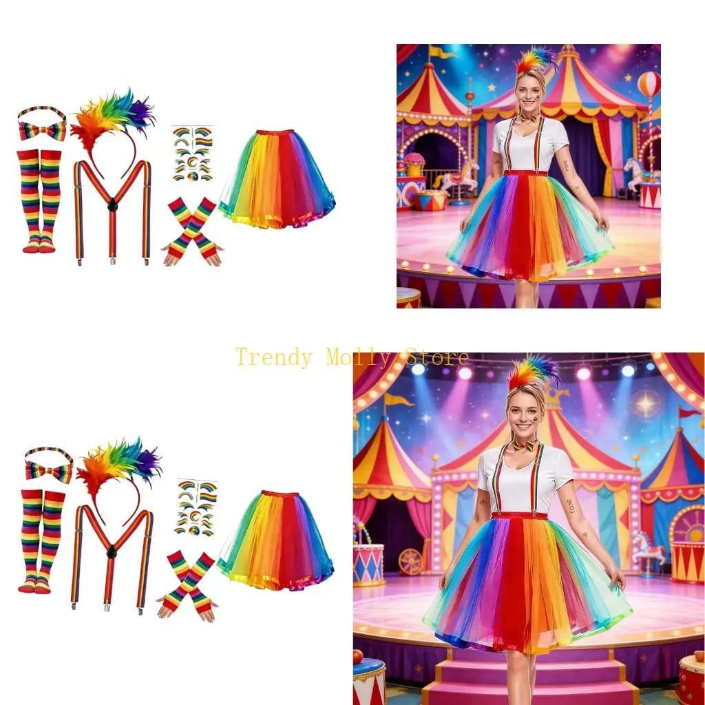 N5KB Rainbow Tutus Skirt Headband Socks Suspender Bowtie Clown Costume Set Circus Outfits for Women Halloween Costume