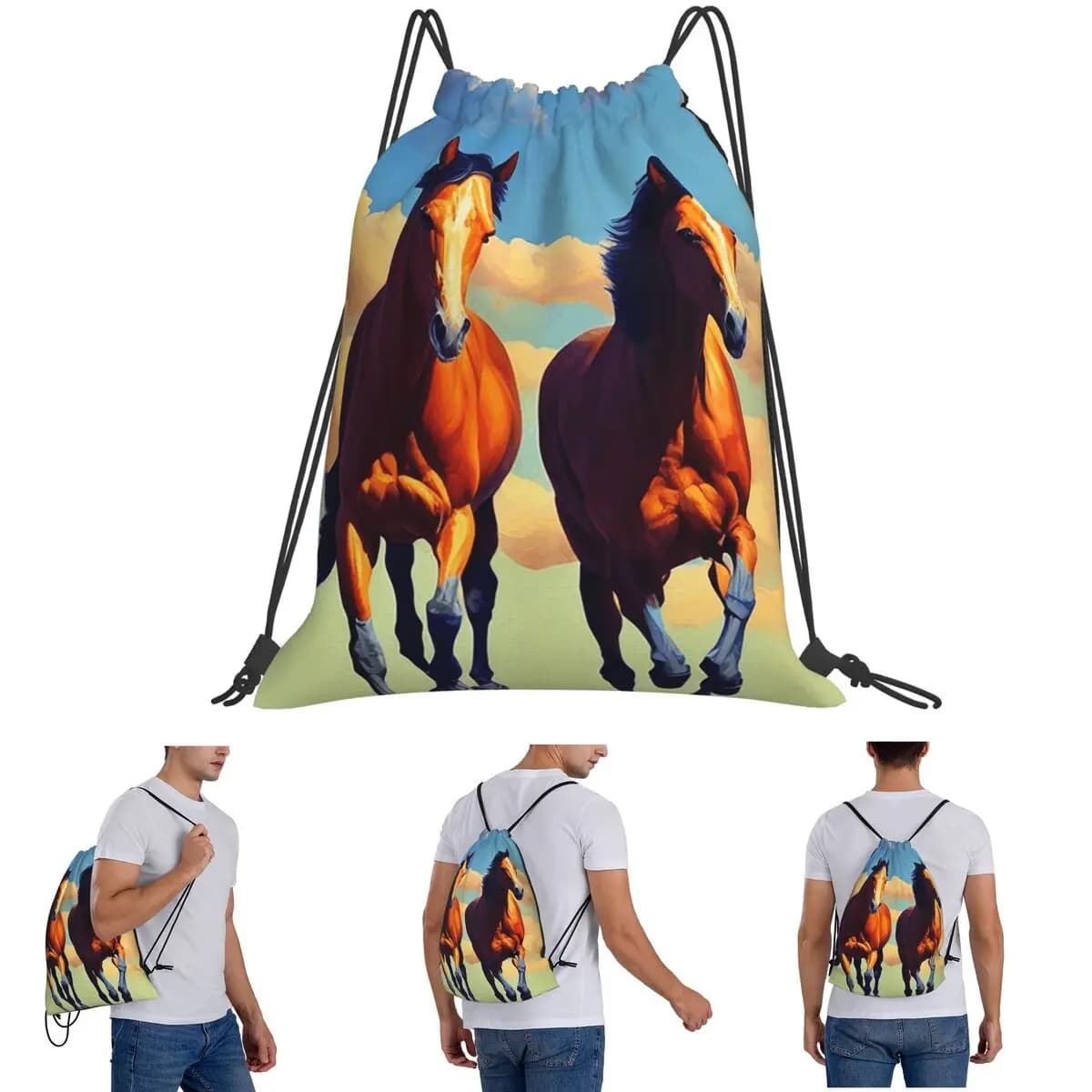 Zaini da corsa per cavalli e da equitazione, borse multifunzione con coulisse, sacchetti portaoggetti, borse per libri per uomo, donna, studenti