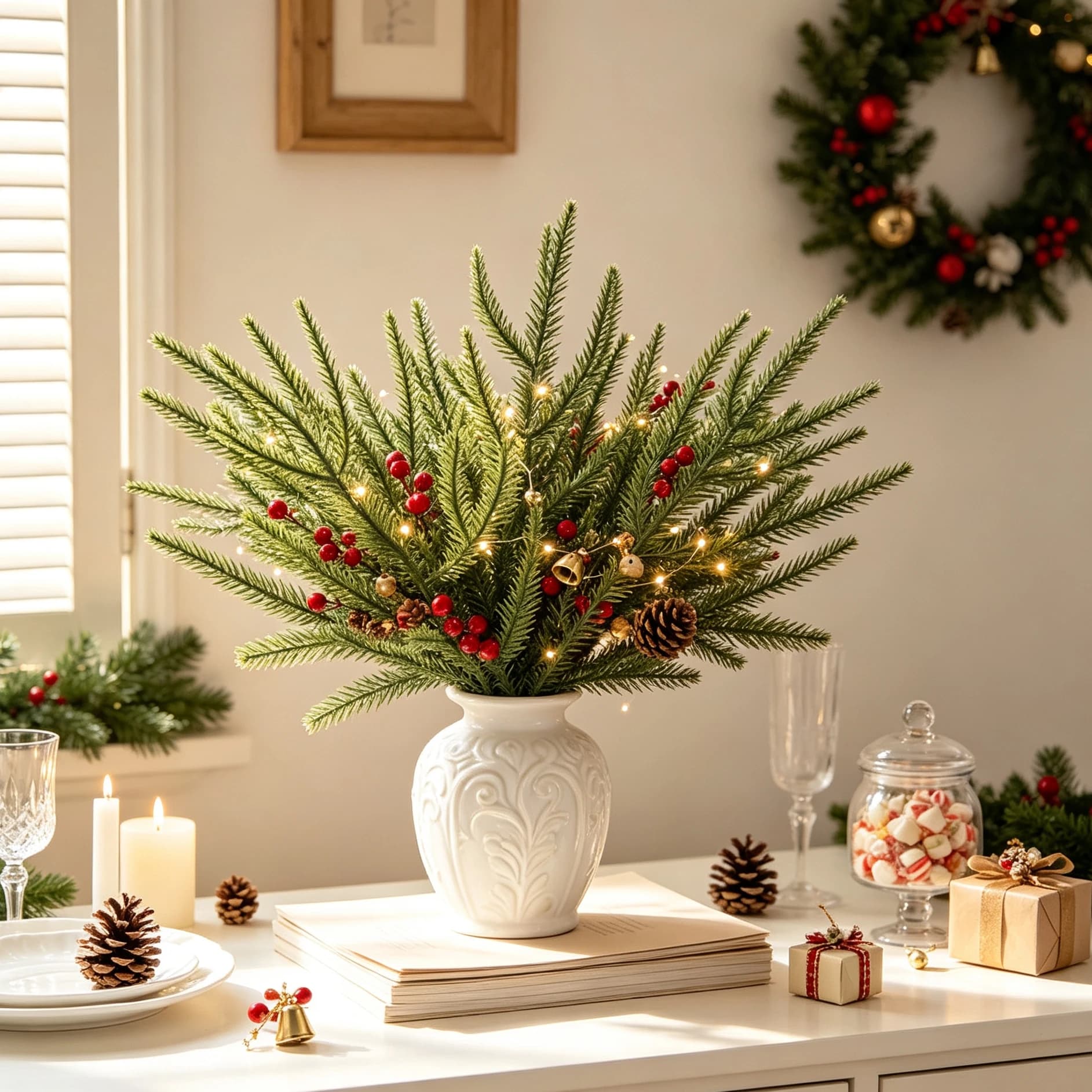 20/40 Pcs Artificial Plastic Plants Pine Home Holiday Outdoor Garden Party Decor Christmas Tree Accessories DIY Decorative Gifts