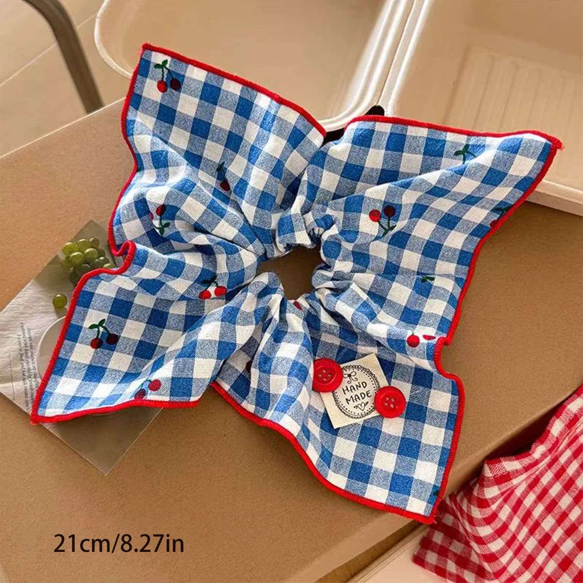 1pc coreano blu ciliegia plaid bottone sciarpa quadrata scrunchie intestino crasso, grande cravatta per capelli da donna, corda bassa per la testa a coda di cavallo