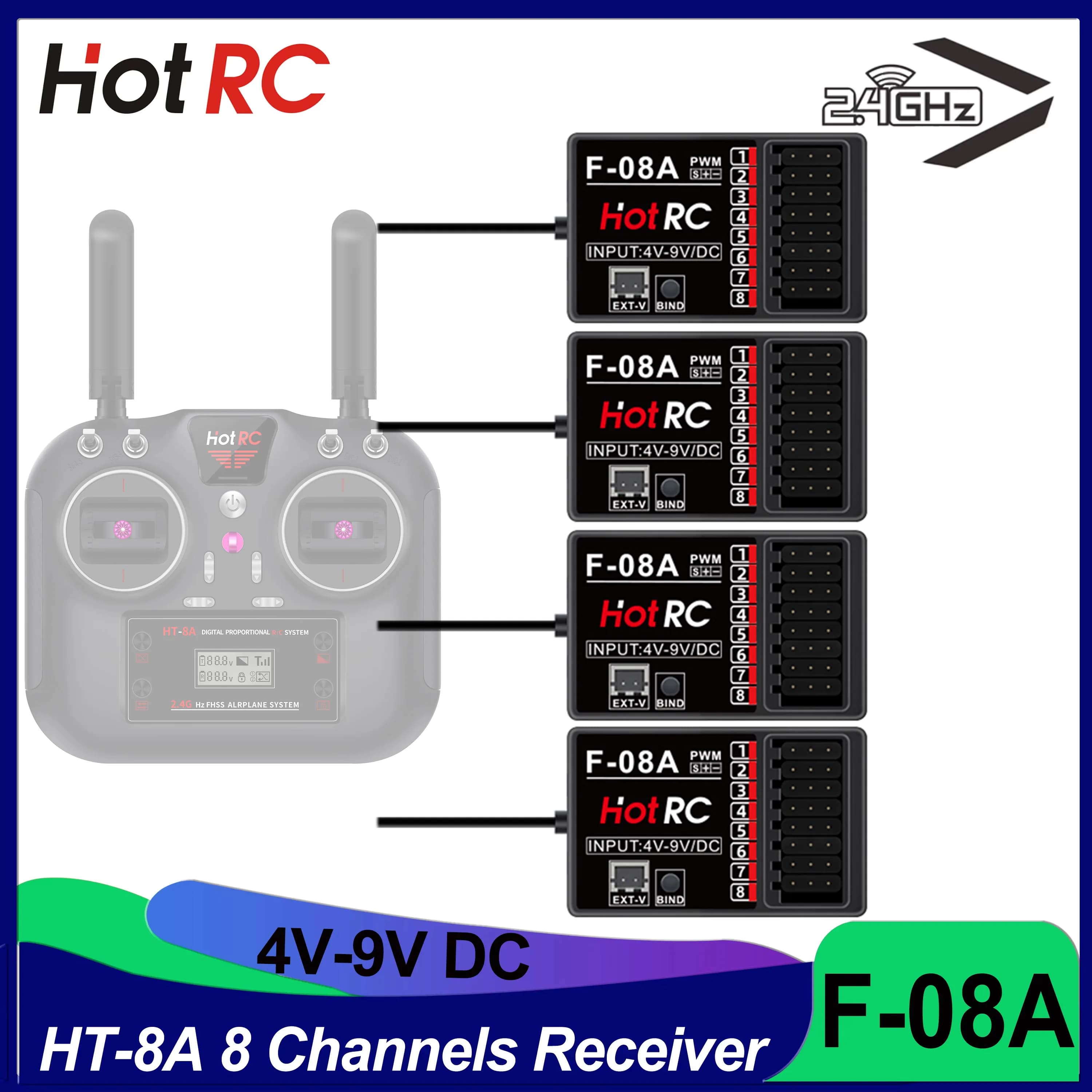 Model Parts RC HOTRC Receiver with 8-channel mixed control function 4-9V DC F-08A for remote controlled drone airplane HT8A