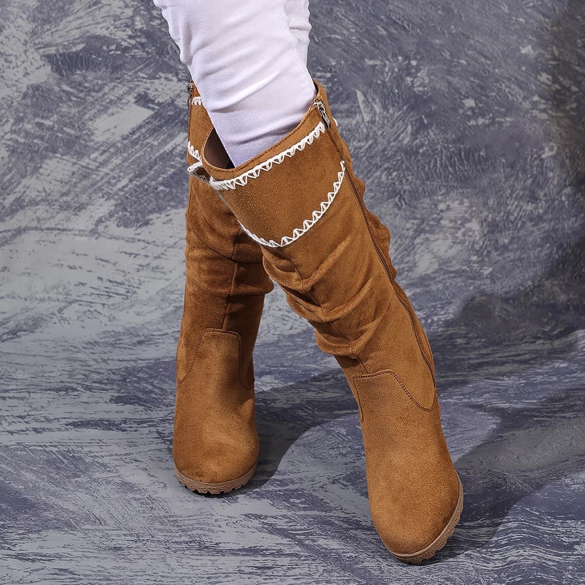 Stylish and comfortable women's boots with buckles, beige lace, high-top wedges