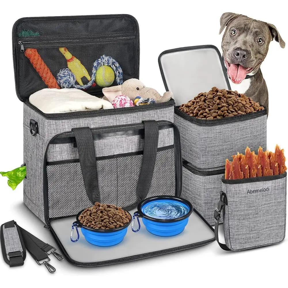 Kit da Viaggio per Animali Domestici con 2 Contenitori per Cibo, Ciotole Pieghevoli, Borsa per Snack e Organizer per Cani