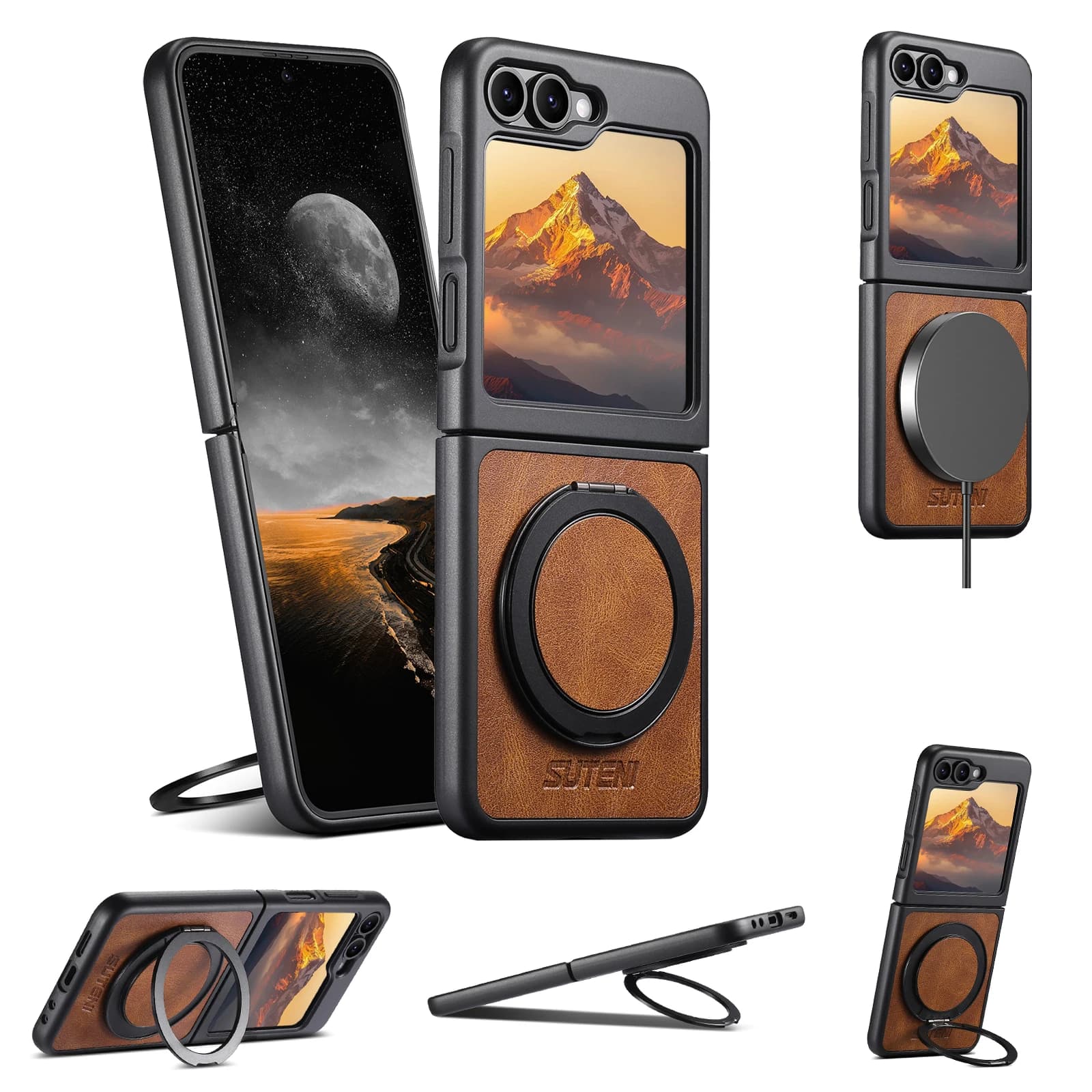 Luxurious Oil Wax Texture Faux Leather Phone Case for Samsung Z Flip 5 6 7 8 5G Magnetic Wireless Charging Kickstand Back Cover