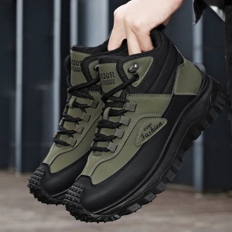Scarpe da trekking da uomo nere e bianche a mezza altezza, impermeabili, in pelle, con plateau, antiscivolo, casual da esterno con suola robusta
