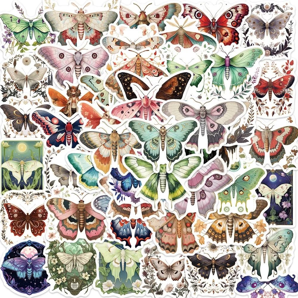 50 Pezzi Adesivi Colorati a Forma di Falena, Decalcomanie Vintage Goth per Scrapbooking, Quaderni, Valigie, Laptop, Biciclette, Giocattoli per Bambini