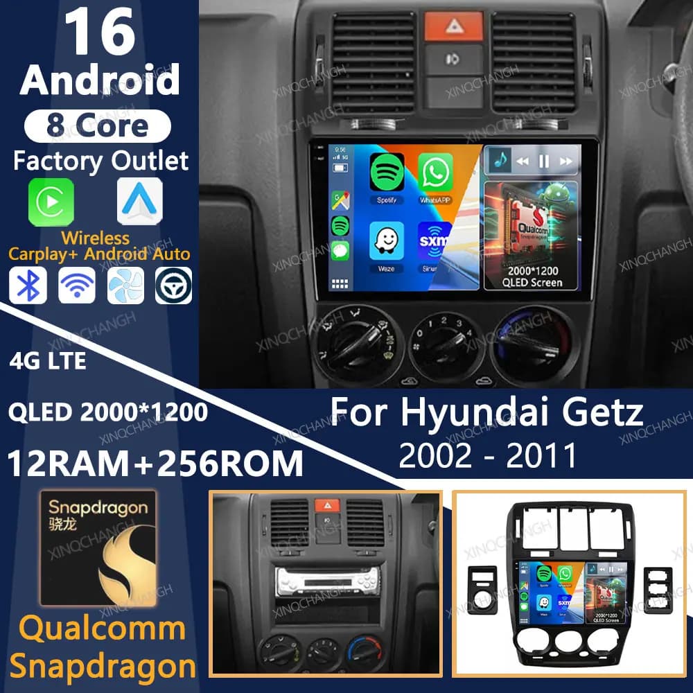 Autoradio Android 16 per Hyundai Getz 2002-2011, Lettore Multimediale Qualcomm con Carplay, 4G LTE, 5G WIFI, BT