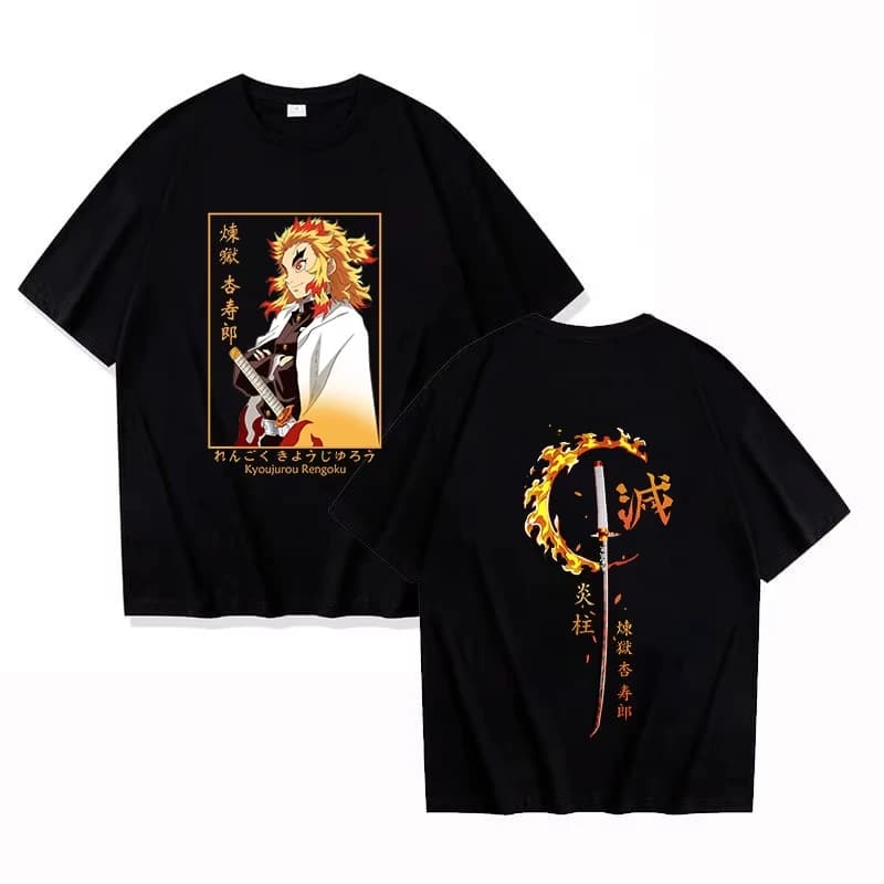 T-shirt in puro cotone Demon Slayer Kyojuro Rengoku 2026, nuova maglietta estiva casual stampata anime, a maniche corte, per genitori e figli