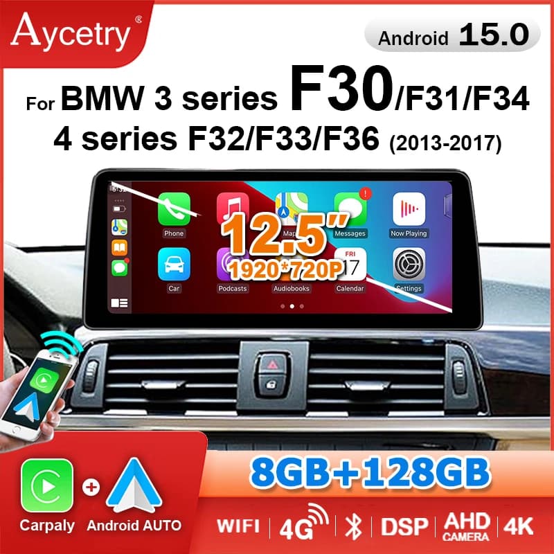 12.5" Wireless Carplay Android 15 Auto Car Radio GPS Screen For BMW 3/4 Series F30 F31 F32 F33 F34 F36 Bluetooth 2 Din autoradio Stereo Multimedia player WIFI 4G LTE