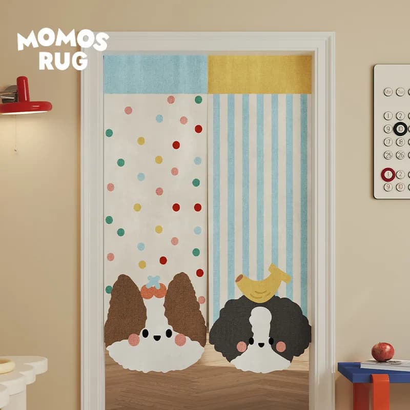 VIKAMA Cute Spaniel Dog Noren Door Curtain Polka Dot Striped Hanging Curtain Kids Room Door Privacy Room Divider