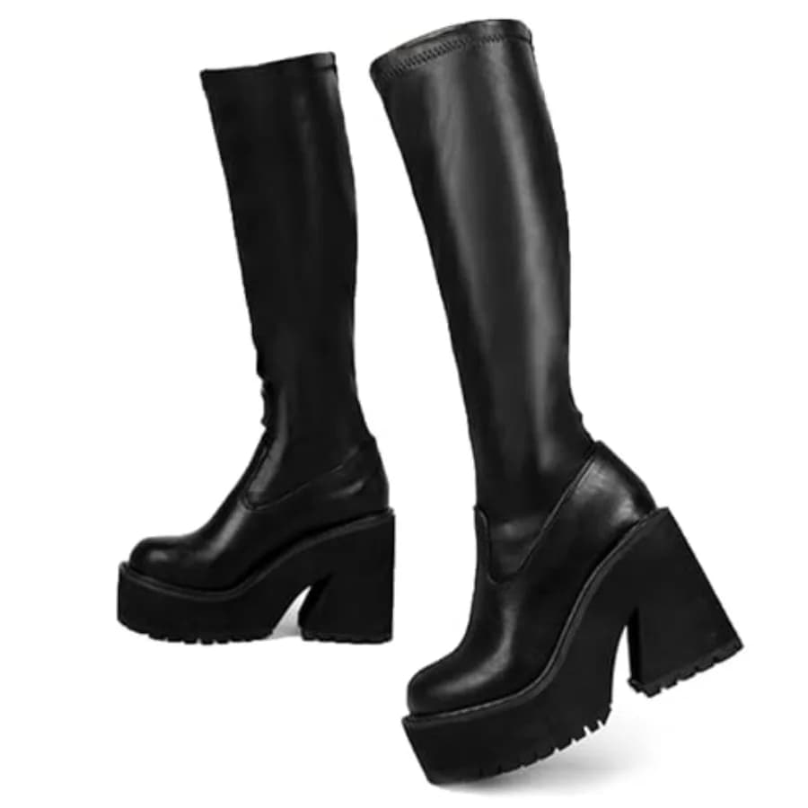AMINUGAL Stivali da Donna Elastici al Ginocchio con Plateau e Tacco Grosso, Stile Sock Boot con Cerniera, Punta Rotonda, Moda Motociclista, Combat, Punk