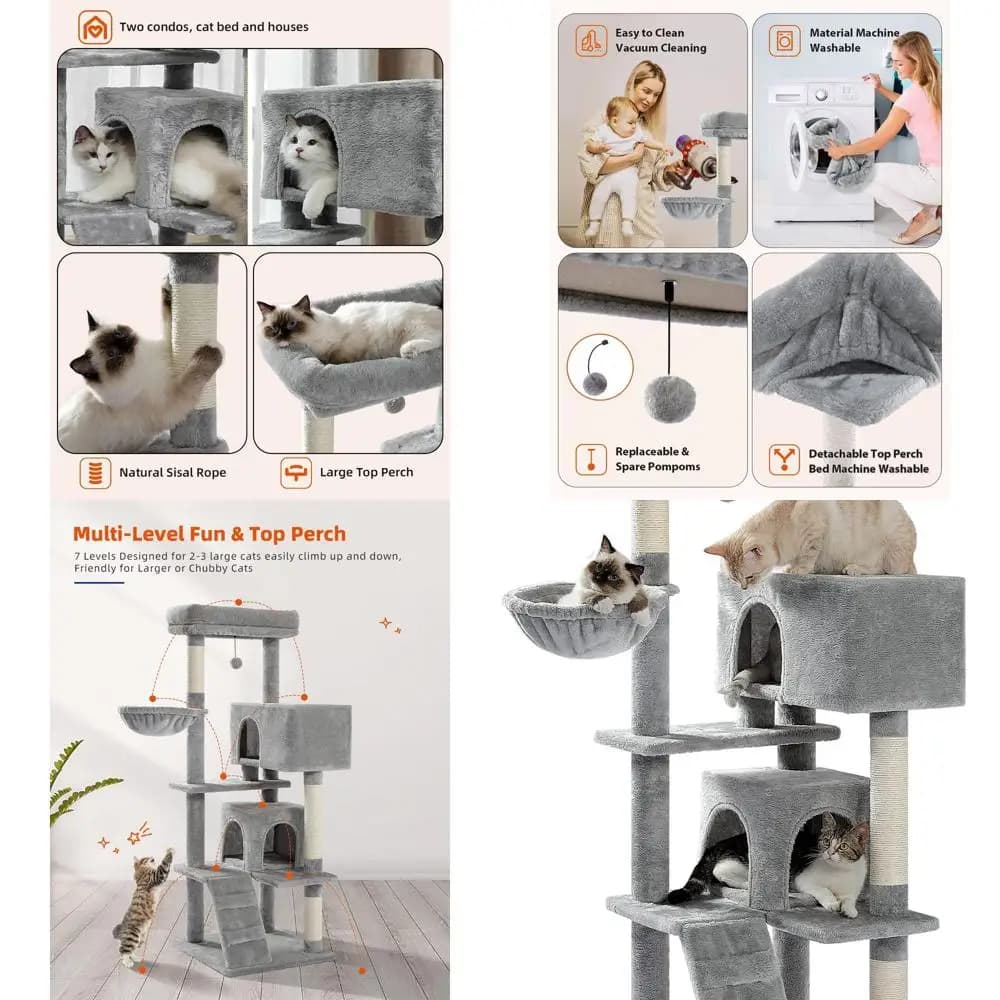56.3 Grande albero per gatti con posatoio superiore, amaca in peluche, giocattolo con pompon, tiragraffi, 2 case - Grigio chiaro