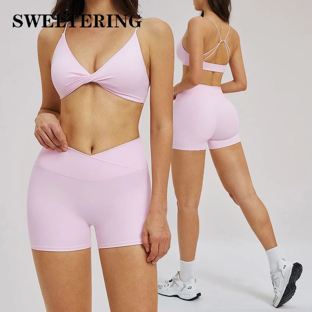 Women's Sports Complex 2 Pieces: Top with Cross-seaters and Cycling Shorts for Yoga, Gym and Fitness