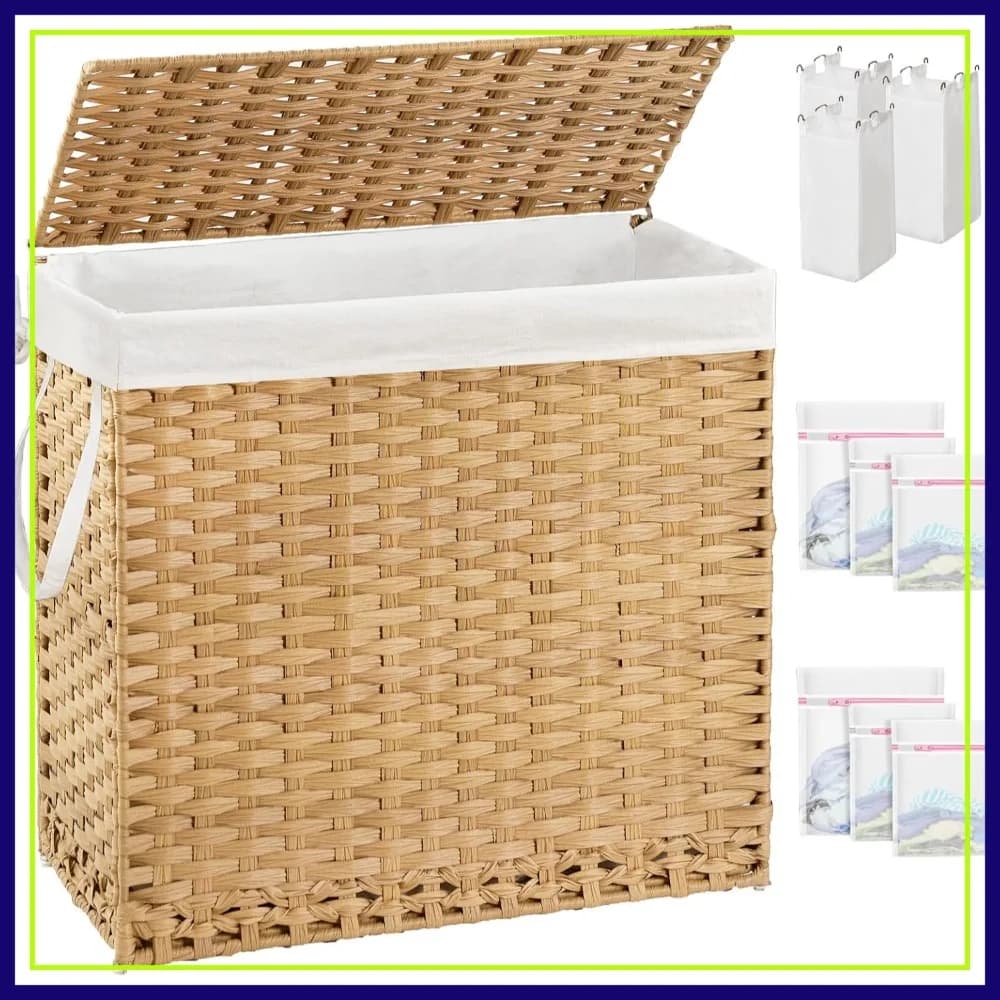 Cesto portabiancheria grande da 132L in vimini con coperchio, cesto in rattan intrecciato a mano con manici, 4 fodere rimovibili e 6 sacchi in rete per la camera da letto