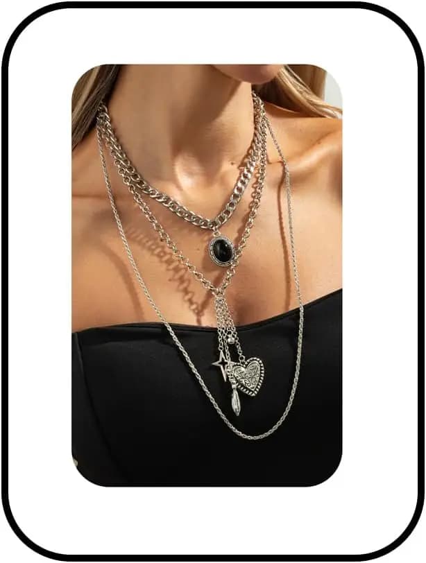 Collana con Ciondolo a Cuore e Stella in Oro con Gemma Rossa, Catena a Strati per Donna