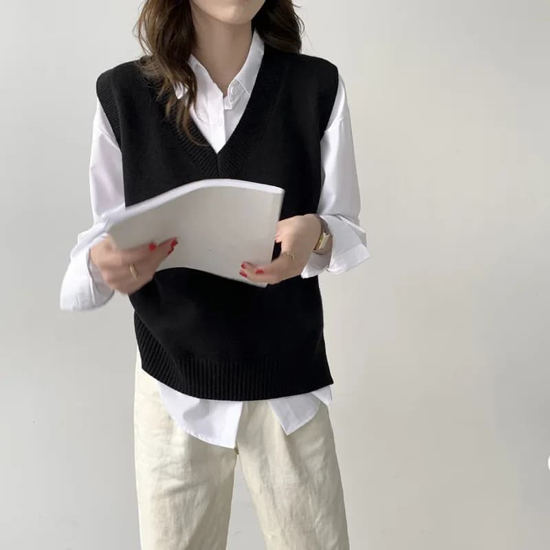 Gilet lavorato a maglia da donna autunno inverno tinta unita casual basic scollo a V maglione senza maniche donna gilet di maglieria grigio tutto-fiammifero