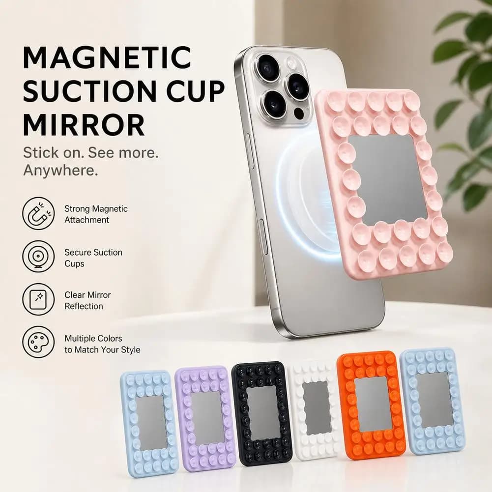 Magnetic Suction Cup Phone Holder with Mirror Square Suction Cups for Hands-Free Wall Stand for Selfies and Video