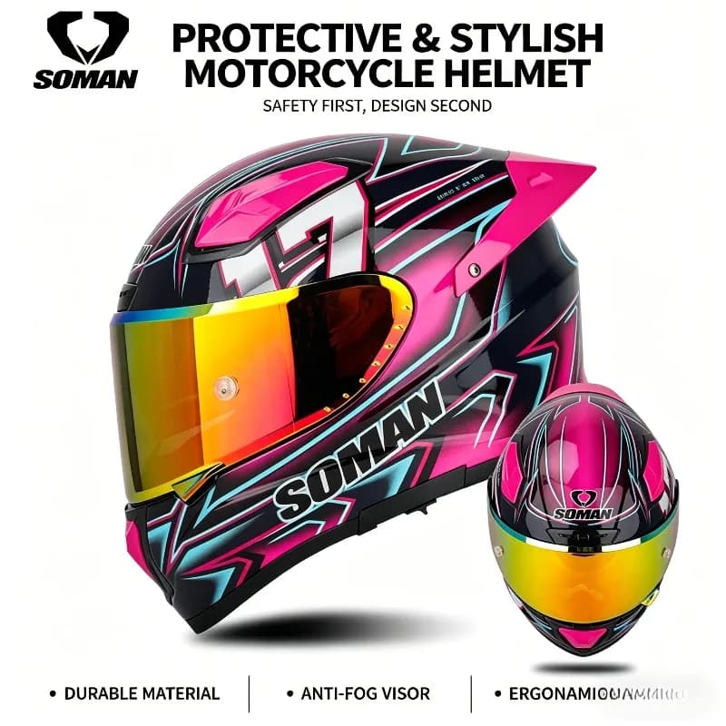 Casco da Moto SOMAN in Fibra di Vetro, Leggero, per Corse, con Basso Rumore del Vento, Casco Integrale per Moto