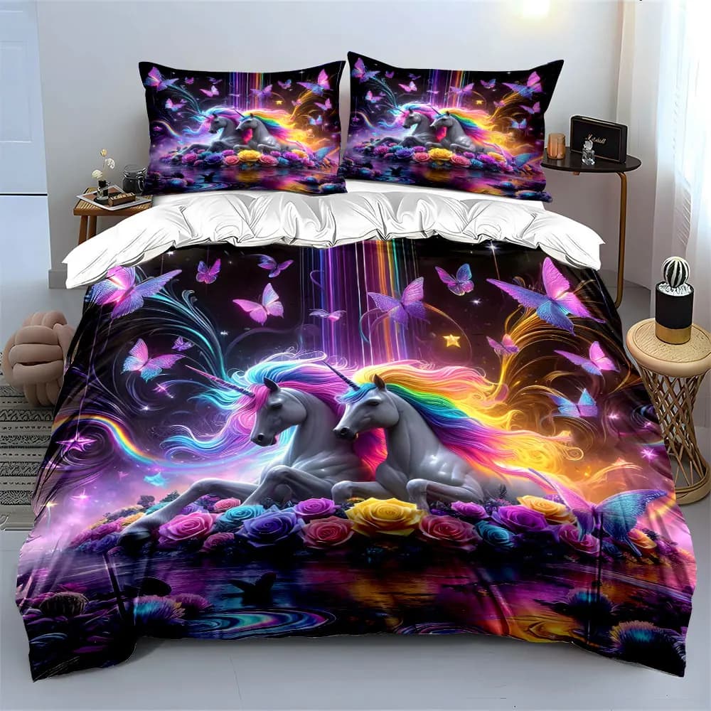 Set di Biancheria da Letto con 3 Pezzi a Tema Unicorno Incantato, Copripiumino con Stampa di Unicorni Arcobaleno e Farfalle Neon, Decorazione Fantasiosa per la Camera da Letto