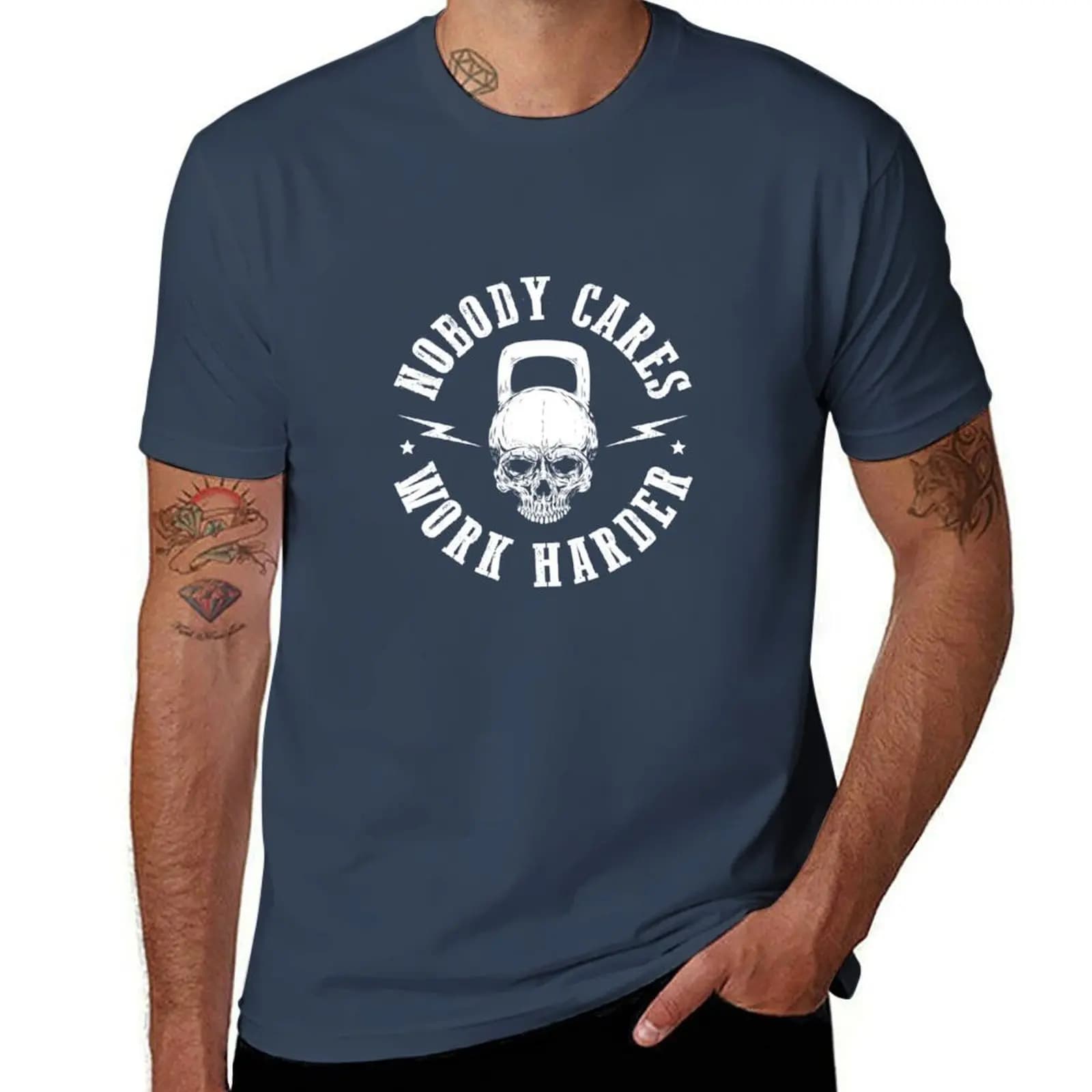 Fitness T-shirt with Nobody Cares Work Harder Skull Kettlebell Fit Workout print, comfortable basic t-shirt with round neckline