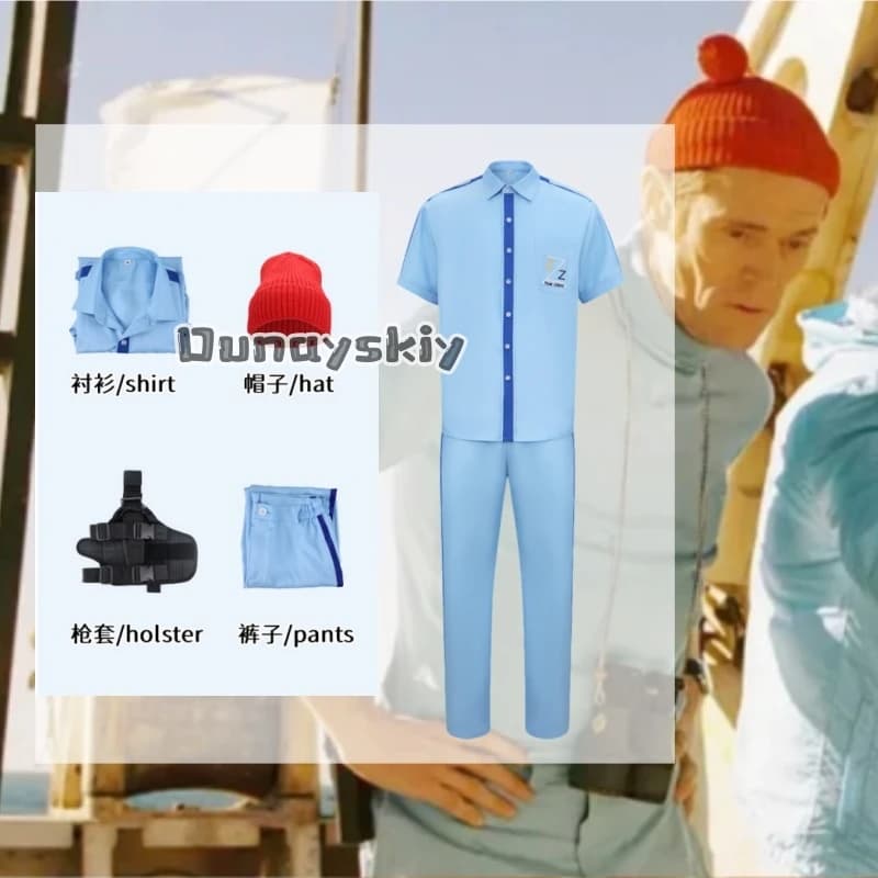 Steve Zissou Cosplay Costume Blue Shirt Pants Halloween Men Suit Movie Anime The Life Aquatic Work Clothes Red Hat Outfits