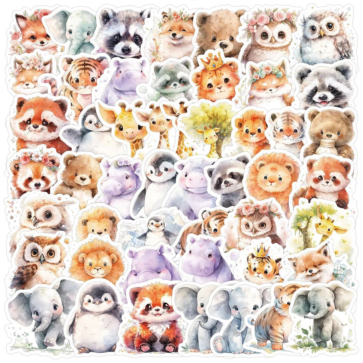 Confezione da 50 adesivi per animali carini, animali della foresta in stile acquerello, adesivi decorativi autoadesivi, adatti per album,ari, laptop, custodie per telefoni, bomboniere per feste di compleanno, forniture per il rientro a scuola