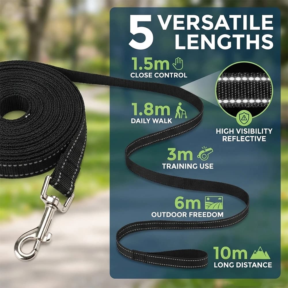 Guinzaglio Riflettente in Nylon per Cani, Lunghezza 1.5M-10M, Corda da Addestramento per Passeggiate Notturne, Accessori per la Sicurezza dei Cani