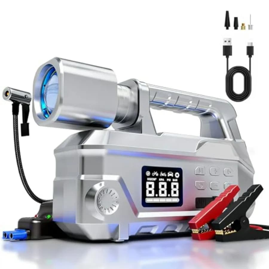 Avviatore d'Emergenza per Auto con Compressore d'Aria, Luce LED 950LM, 6000A, 150PSI di Picco, Avviatore Portatile 12V con Cavi di Avviamento