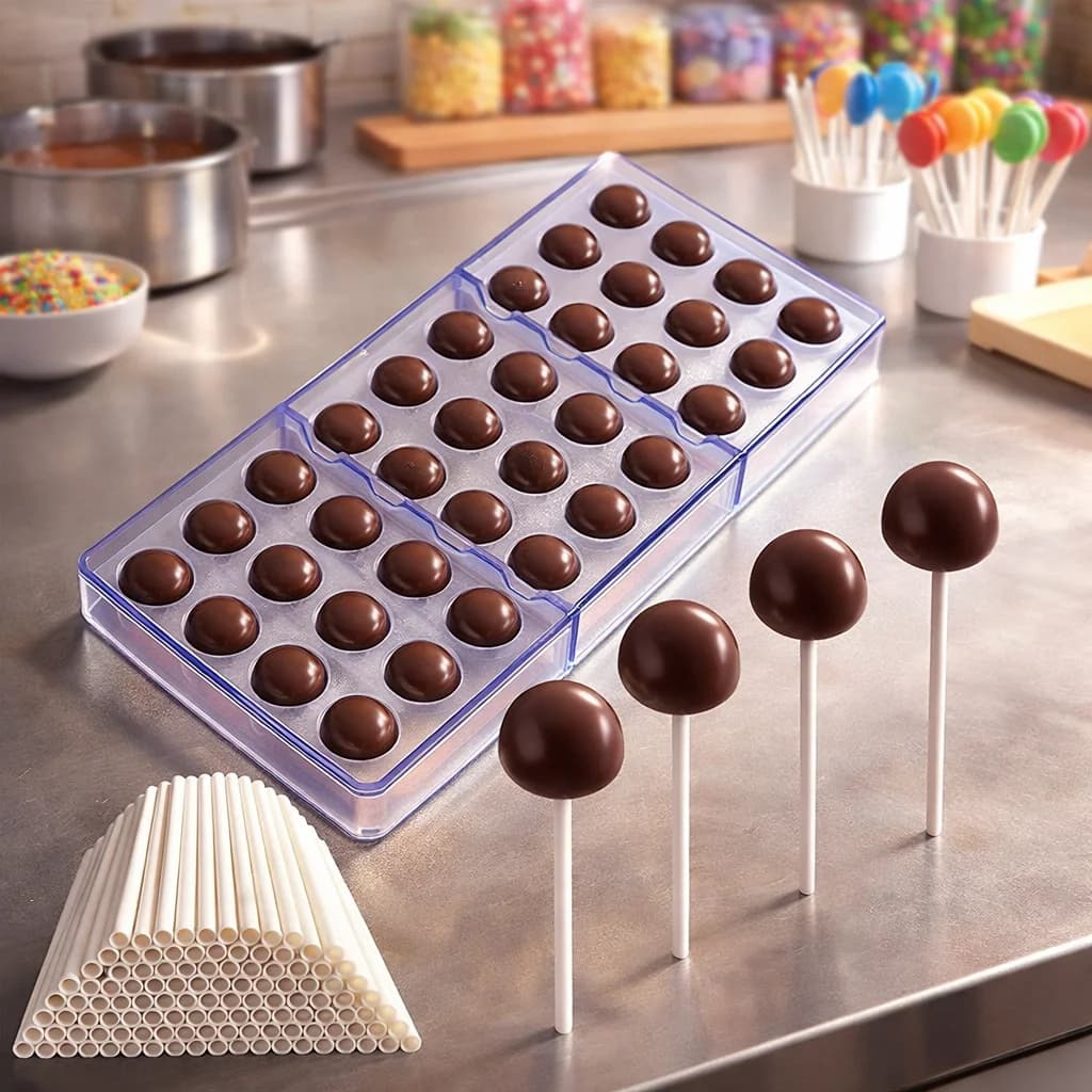 Set di Stampi per Lecca-Lecca al Cioccolato con 100 Bastoncini, Kit Fai-da-Te per Dolci e Caramelle per Bambini, Ideale per Dolcetti Fatti in Casa e Regalini per Feste