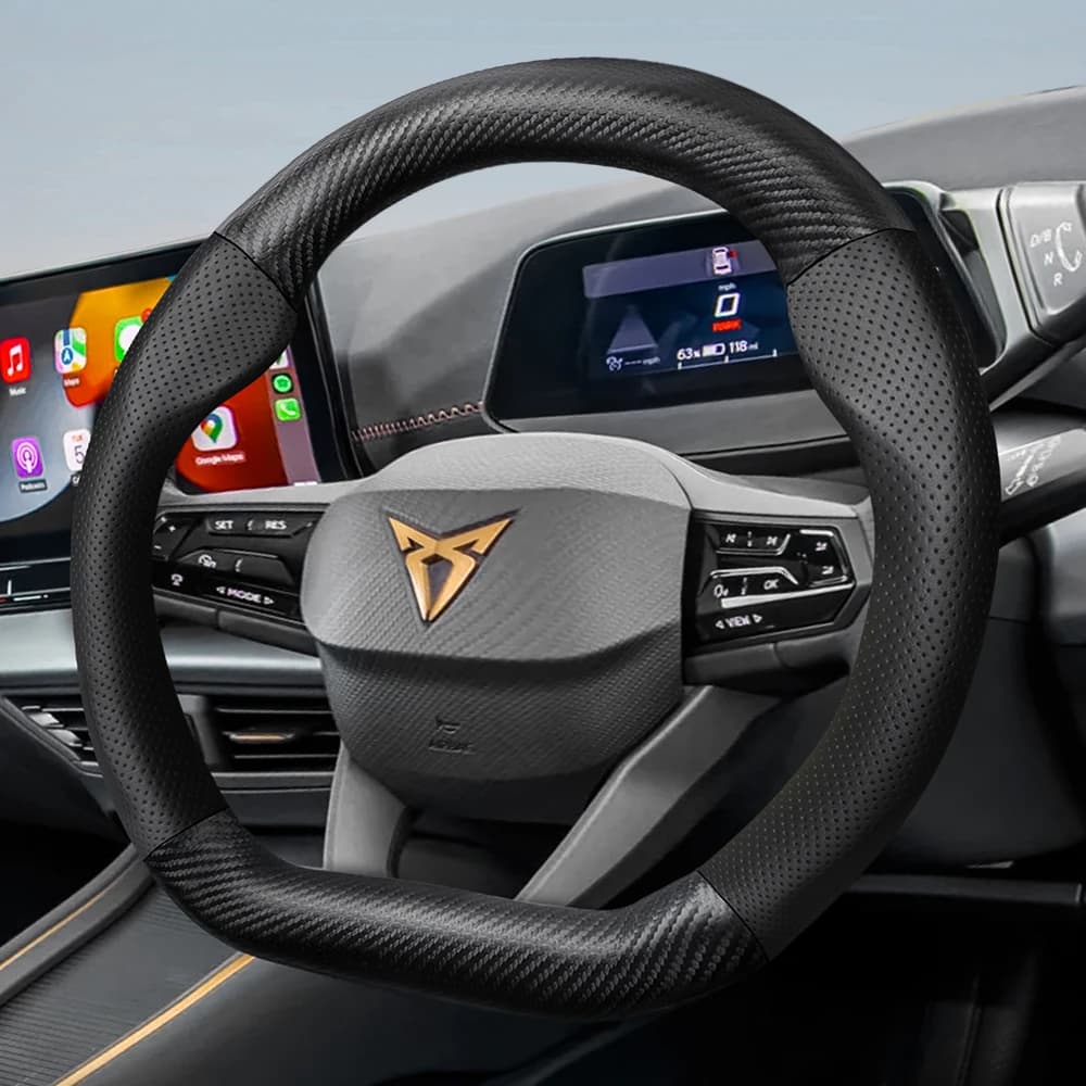 Coprivolante in Pelle Traspirante con Texture in Fibra di Carbonio Opaca per Cupra Formentor, Leon Sportstourer, Born, Ateca, Tavascan, Terramar e Altri Modelli, Nero, Rosso, Mocha, Accessori Auto