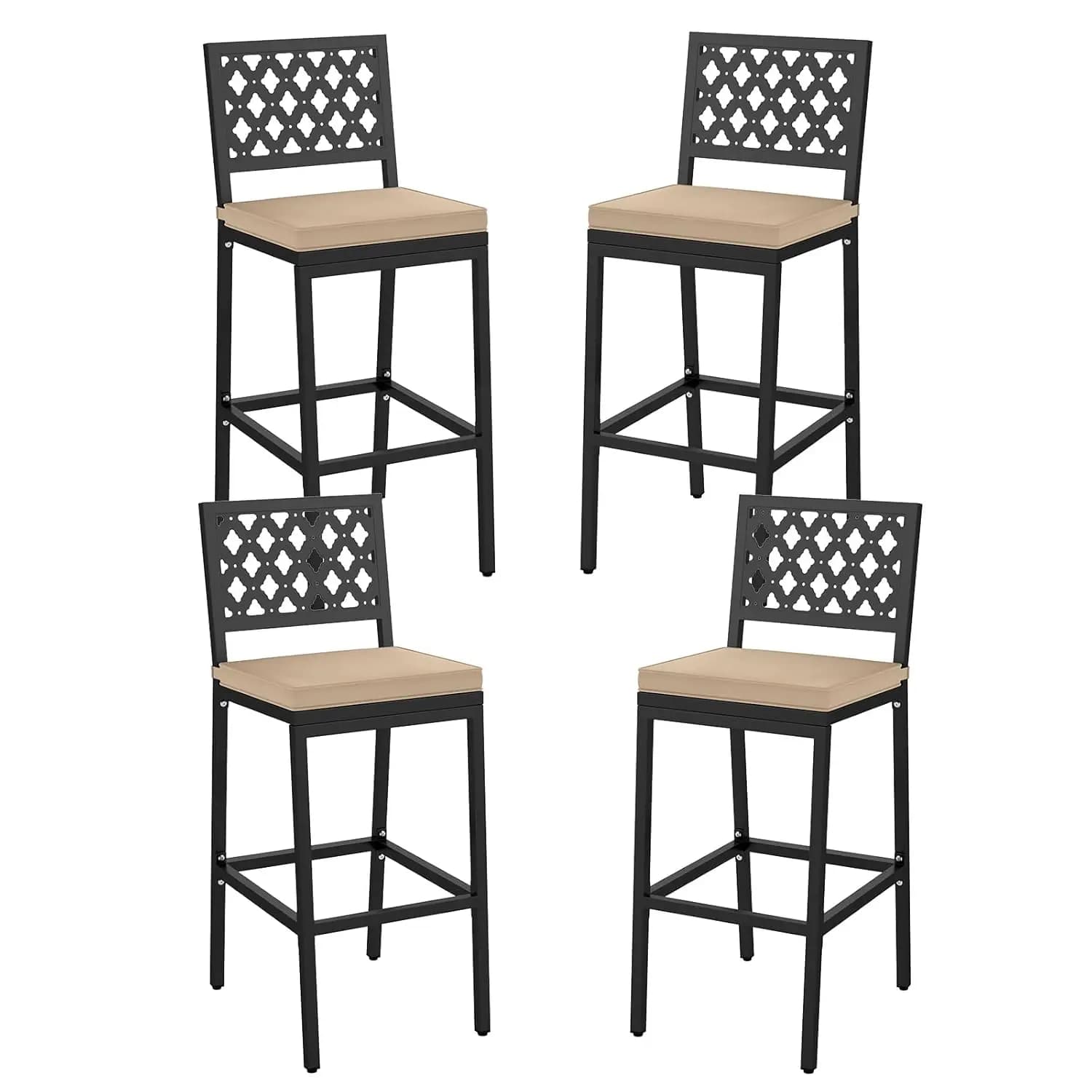 Sgabelli da Bar Senza Braccioli in Metallo, Set da 4, con Cuscino Rimovibile, Poggiapiedi Ergonomico, per Esterni e Patio, Personalizzabili