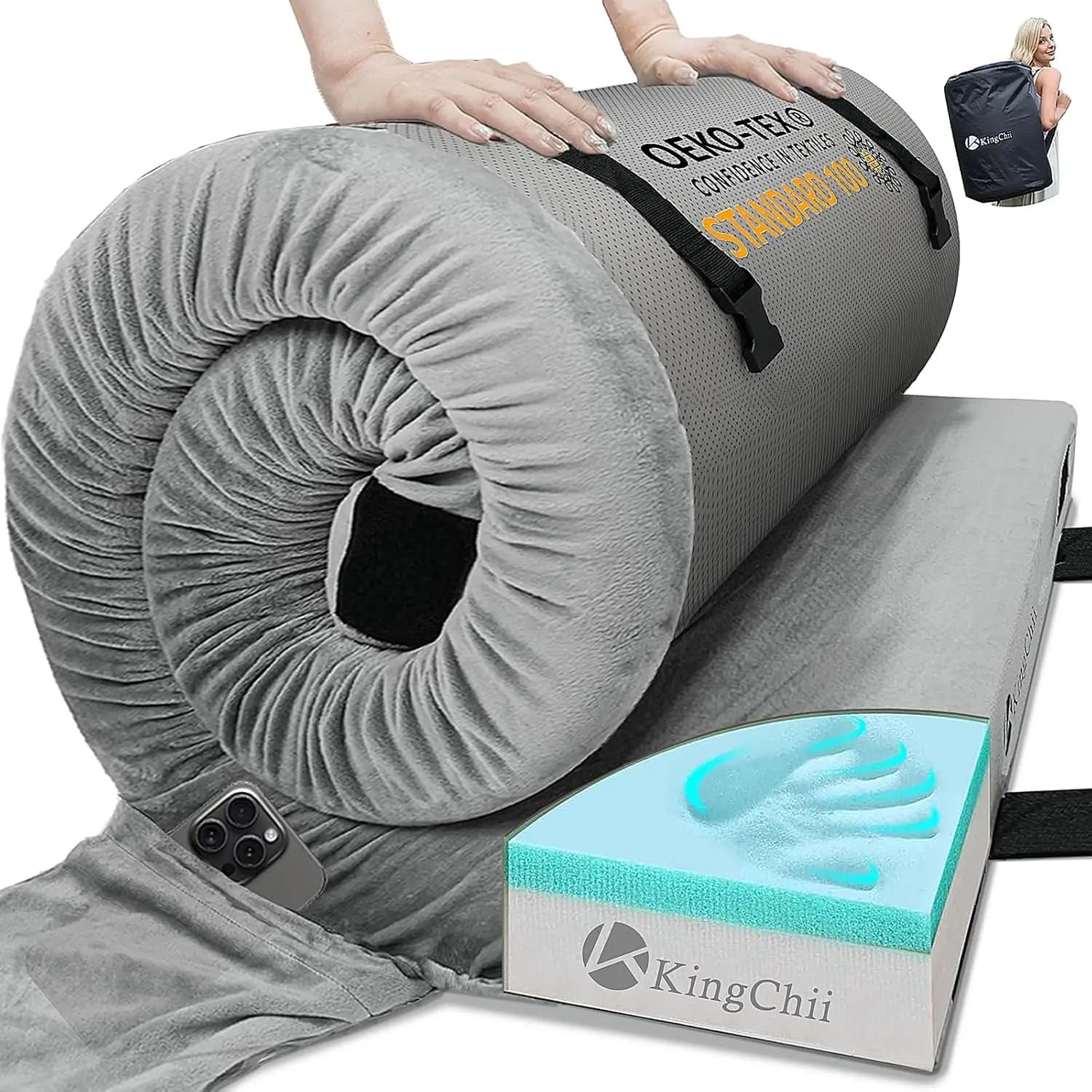 Materasso da campeggio in memory foam CertiPUR-US, materassino da viaggio arrotolabile portatile con copertura impermeabile e borsa per il trasporto