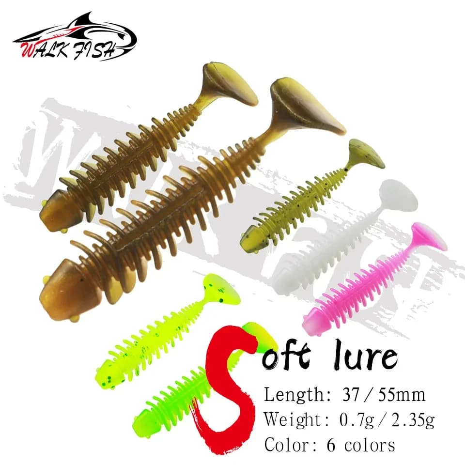 WALK FISH 10 Pezzi Esche Morbide in Silicone 37mm/55mm, Esche Artificiali con Coda a T 45mm 60mm, Swimbait, Wobbler, Jig Artificiali