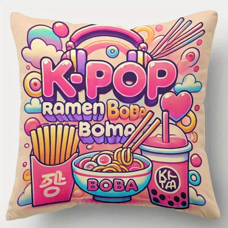 Fodera per cuscino con stampa PC K-POP Ramen Boba, adatta per divano, camera da letto, soggiorno, un regalo vivace per gli amanti della K-Food e della cultura pop