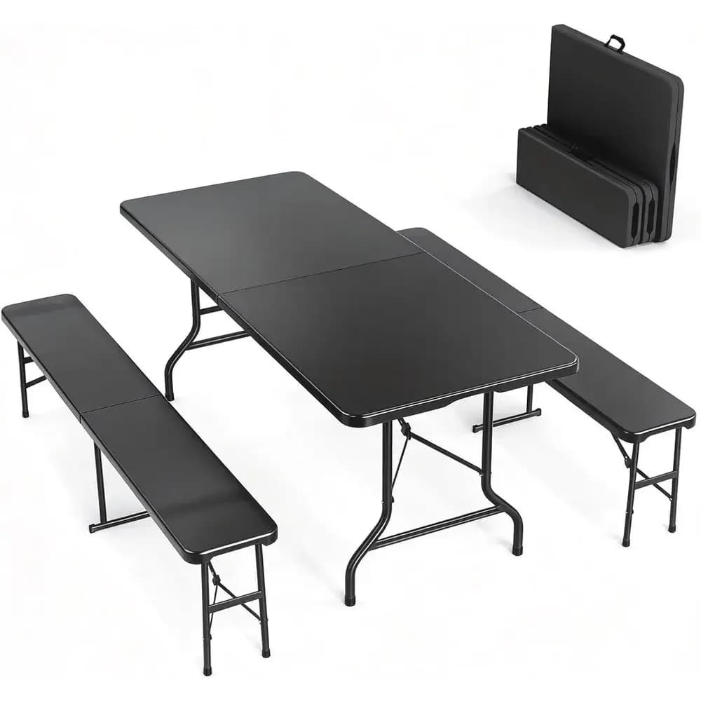 Set da Picnic con 2 Panche, Tavolo e Sedie da Campeggio da 6 Piedi, Set di Mobili Pieghevoli in 3 Pezzi per Uso Interno o Esterno, in HDPE Resistente
