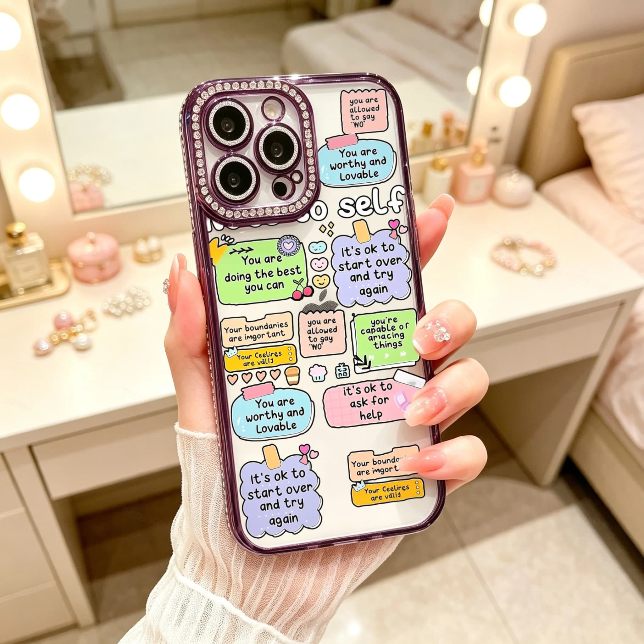 Diamond Electroplated TPU Phone Case for iPhone, Cute Aesthetic Phone Case, Positive Affirmations And Self Care Quotes Pattern , Luxury Glitter Rhinestone Frame, Built-in Lens Protector, Anti-Slip Shockproof Clear Cover
