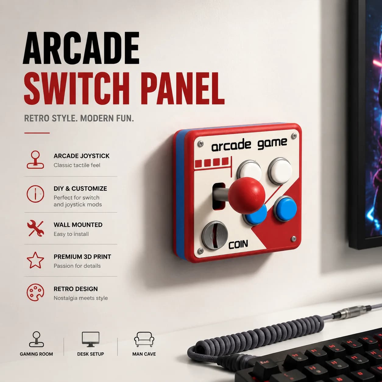 3D Printed Retro Arcade Switch Panel 86 Type Wall Mount Joystick Button DIY Customize Gaming Room Desk Decor Creative Switch