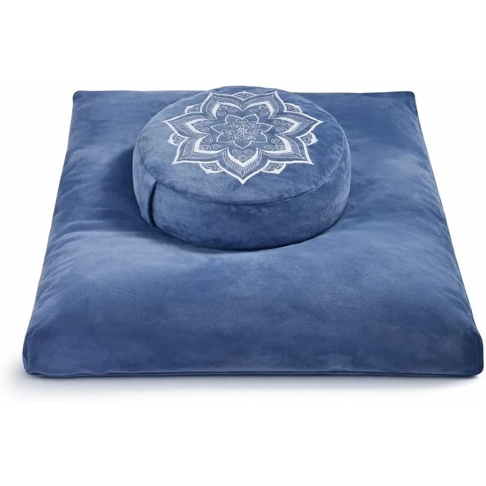 Meditation Cushion Set Zafu & Zabuton, Adjustable Floor Pillow for Yoga with Buckwheat Hull & Memory Foam, Navy Blue