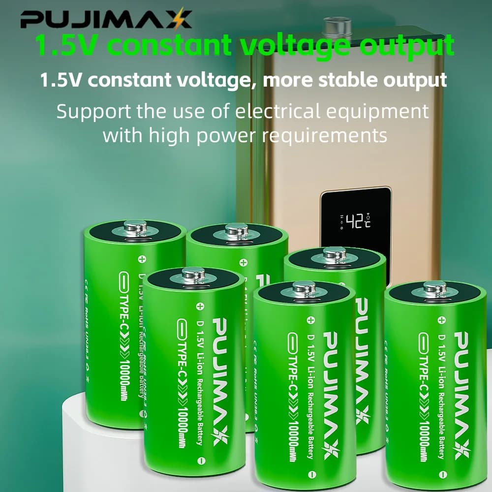 PUJIMAX USB 10000mWh Batterie ricaricabili dimensioni D LR20 Li-ion 1,5 V con cavo di tipo C per elettrodomestici a gas Fornello a gas liquefatto