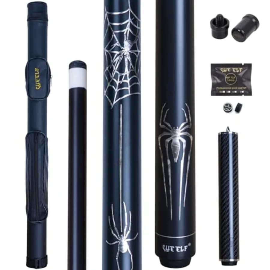 58" 2-Piece Low Deflection Pool Cue Spider Pattern, Spray Black Maple Forearm with Carbon Fiber Extension, 1x1 Hard Case, Joint