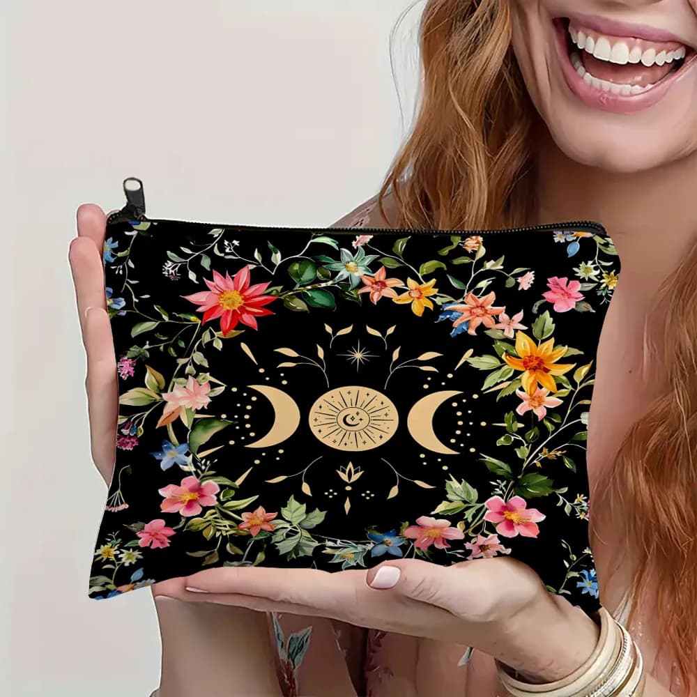 Borsa per il trucco da donna Fasi lunari Fiore Tarocchi Modello Cosmetici Borsa per rossetto Borsa da toilette da viaggio Borsa a mano pratica per pendolarismo