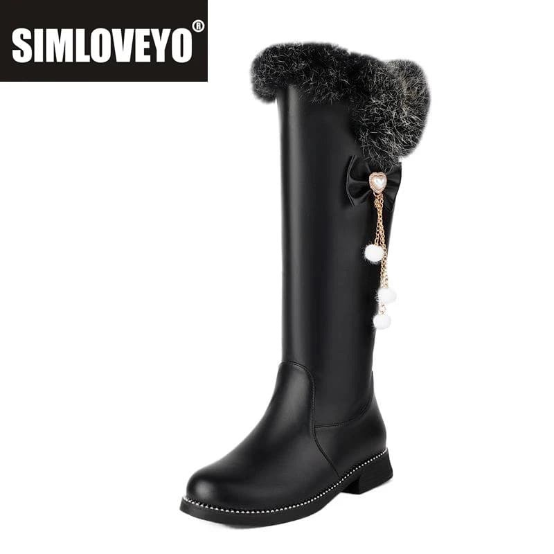 SIMLOVEYO Girls Knee Boots Round Toe Block Heels 2.5cm Bow Decor Fur Lined Dating Footwear Sizes 41 42 43 Black