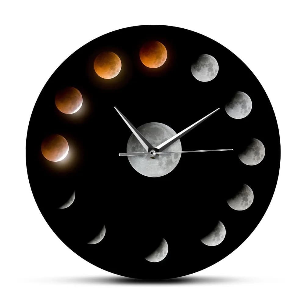 Cosmic Lunar Wall Clock Eclipse Cycle Silhouette Silent Quartz Clocks Decorative Night Sky Science Wall Art Birth Christmas Gift