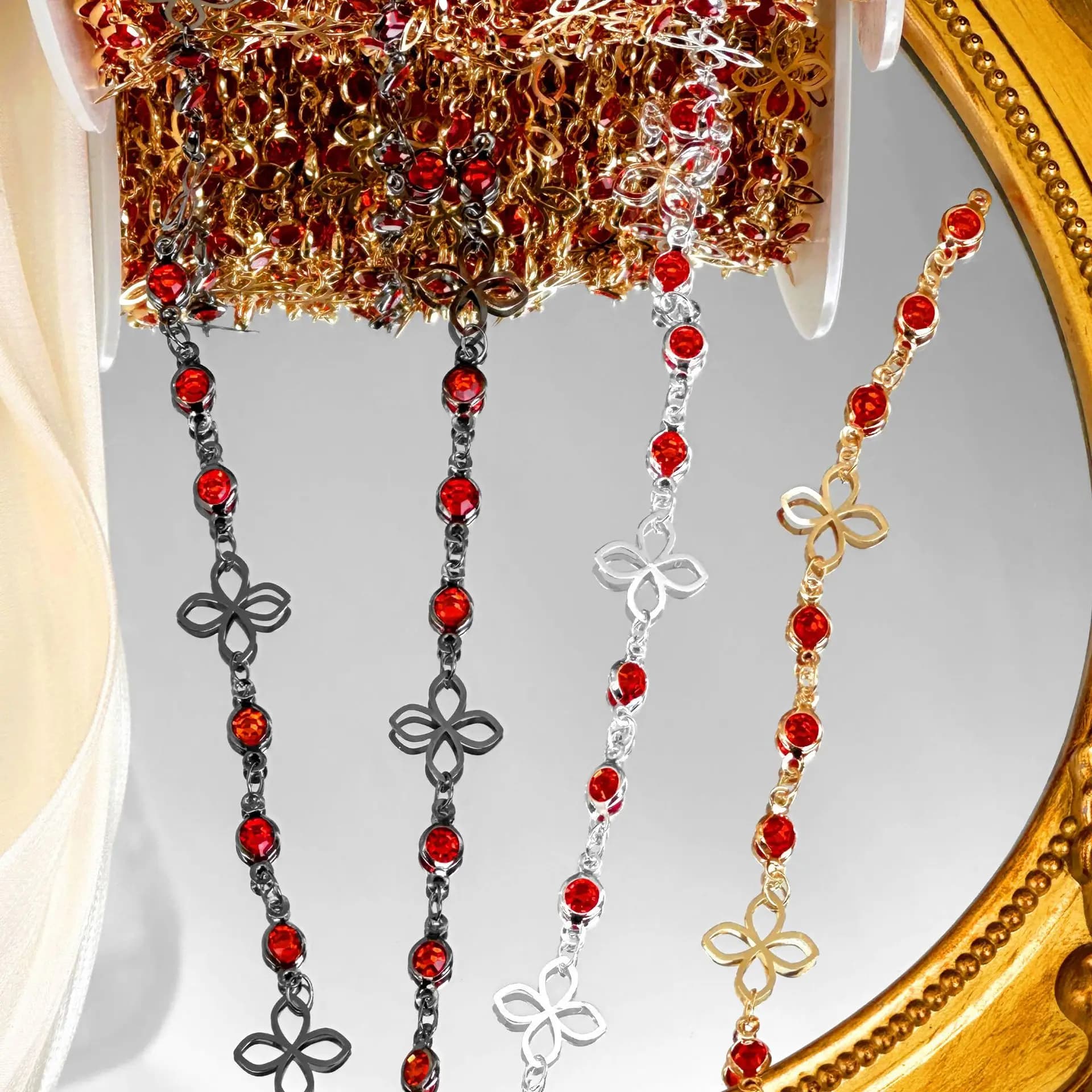 0.5/1/2M Fiore Cavo Nappa Catena di Rame Vetro Rosso Collana FAI DA TE Accessori Per Capelli Abbigliamento Decorazione Catena di Gioielli Materiale