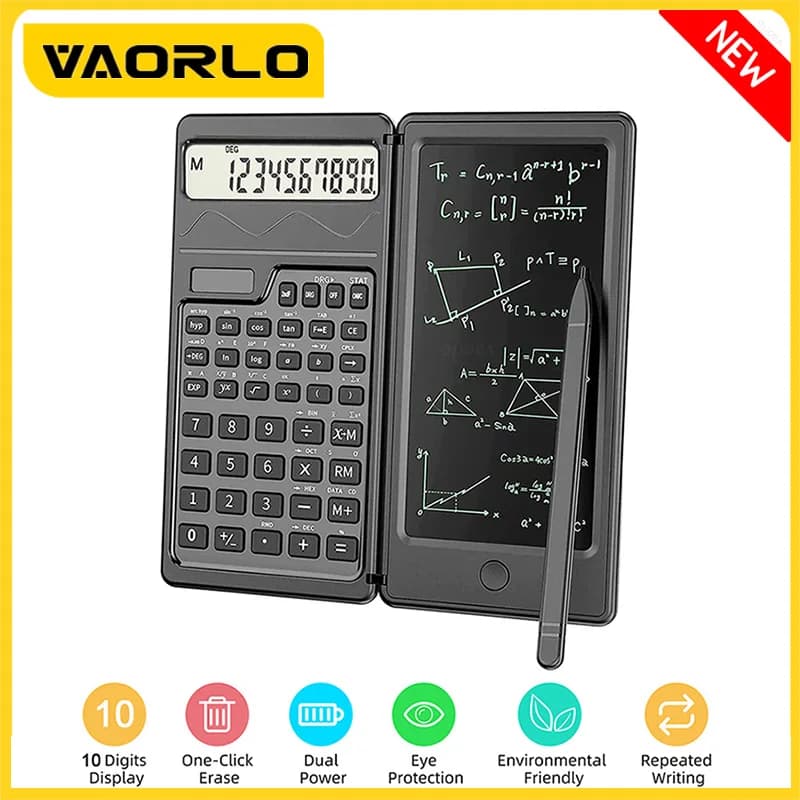 VAORLO Calcolatrice scientifica pieghevole Ampio display digitale a 10 cifre con tavoletta da scrittura cancellabile Calcolatrice matematica