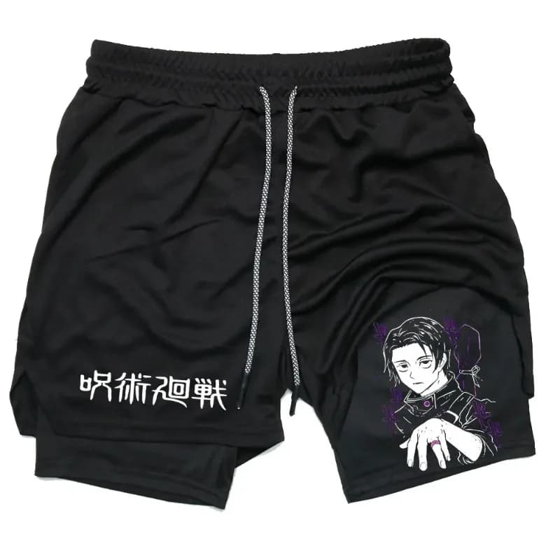 Pantaloncini di compressione 2 in 1 per uomo Allenamento in palestra Corsa Atletica Anime Jujutsu Kaisen Performance con tasche Abbigliamento sportivo Allenamento