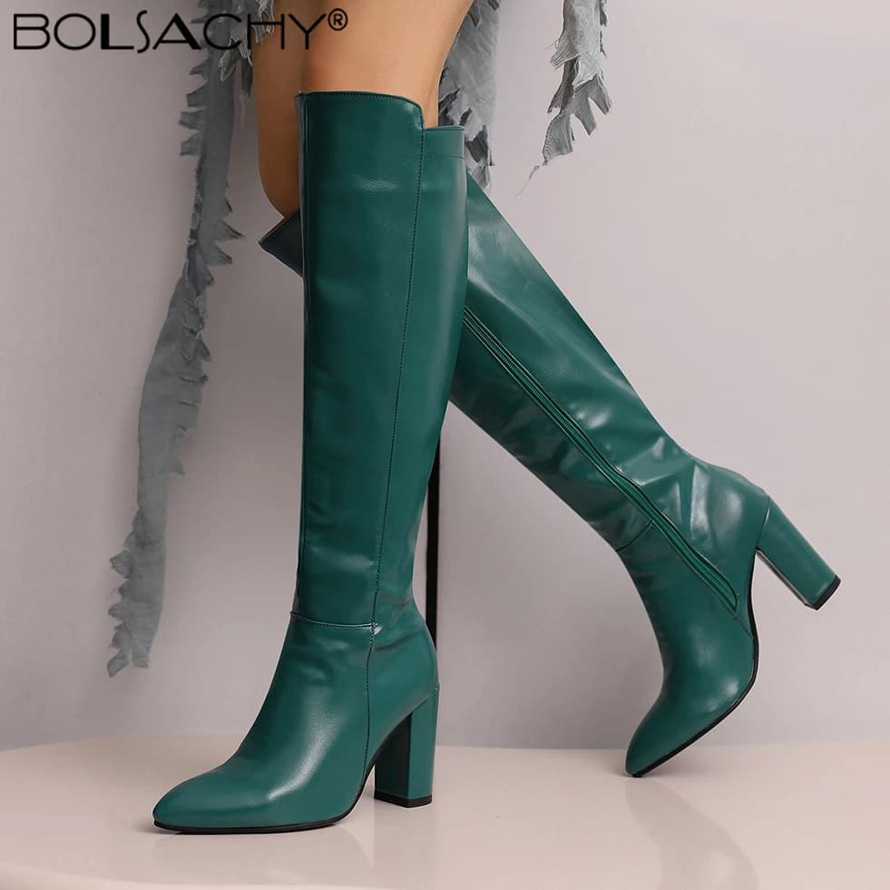 Elegant Knee High Boots Women 2026 Autumn Winter Women's High Boots Zipper Heels White Green Long Shoes Ladies Large Size 48