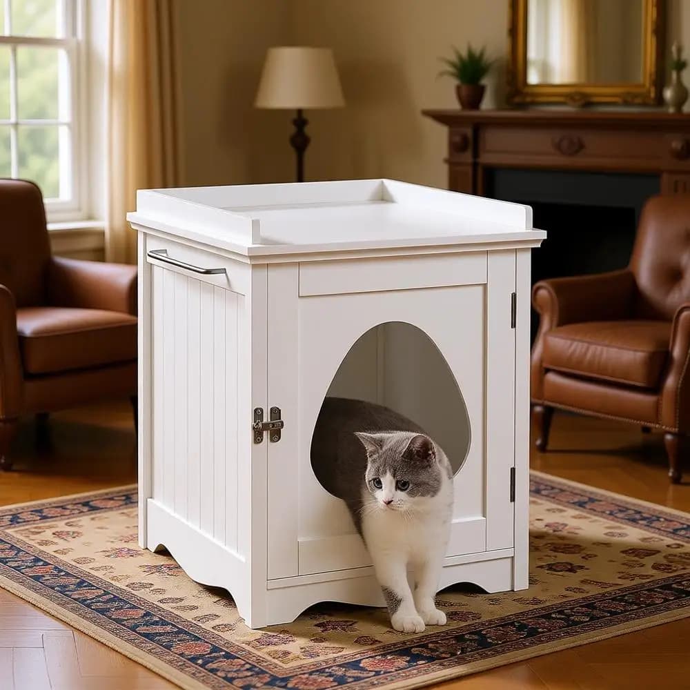 Mobiletto per lettiera per gatti, lettiera nascosta con portasciugamani laterale, toilette per gatti in legno, armadietto contenitore, casetta per animali domestici da interno