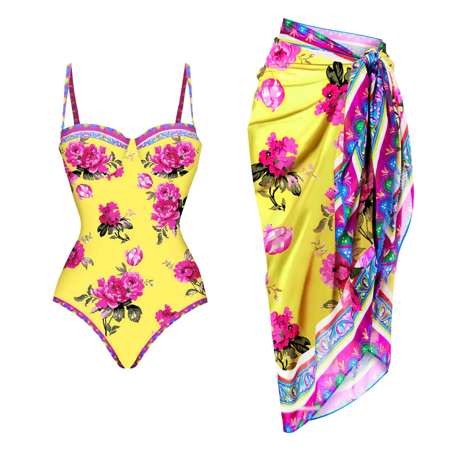 Costume da bagno intero da donna stampato giallo moda e gonna Set sexy classico da donna push up dimagrante costumi da bagno femminili 3 pezzi costumi da bagno